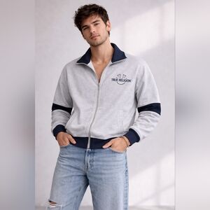 True Religion Light Grey and Navy Full Zip-Up Track Jacket Street Wear Y2K